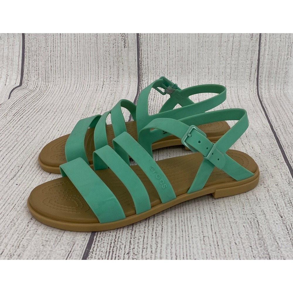 Crocs Tulum Strappy Sandals Womens 6 Teal Flat Gladiator Buckle Summer Comfort